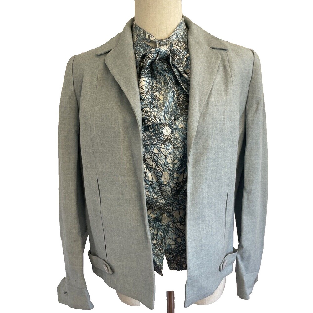 Vintage 1960s 1970s Blue And Black Scribble Pattered Blouse Matching Moto Jacket